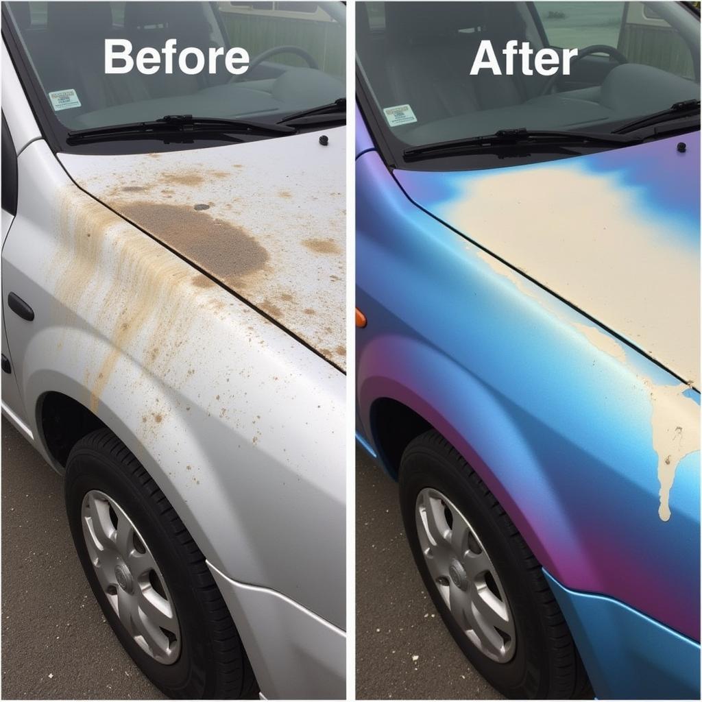 Car paint discoloration before and after repair