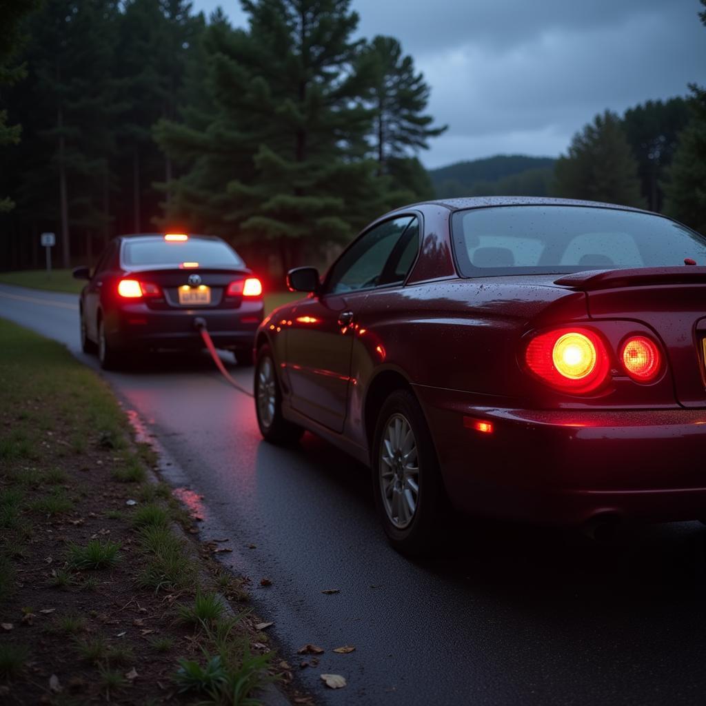 Car Pulling Another Car Broken Down on the Side of the Road