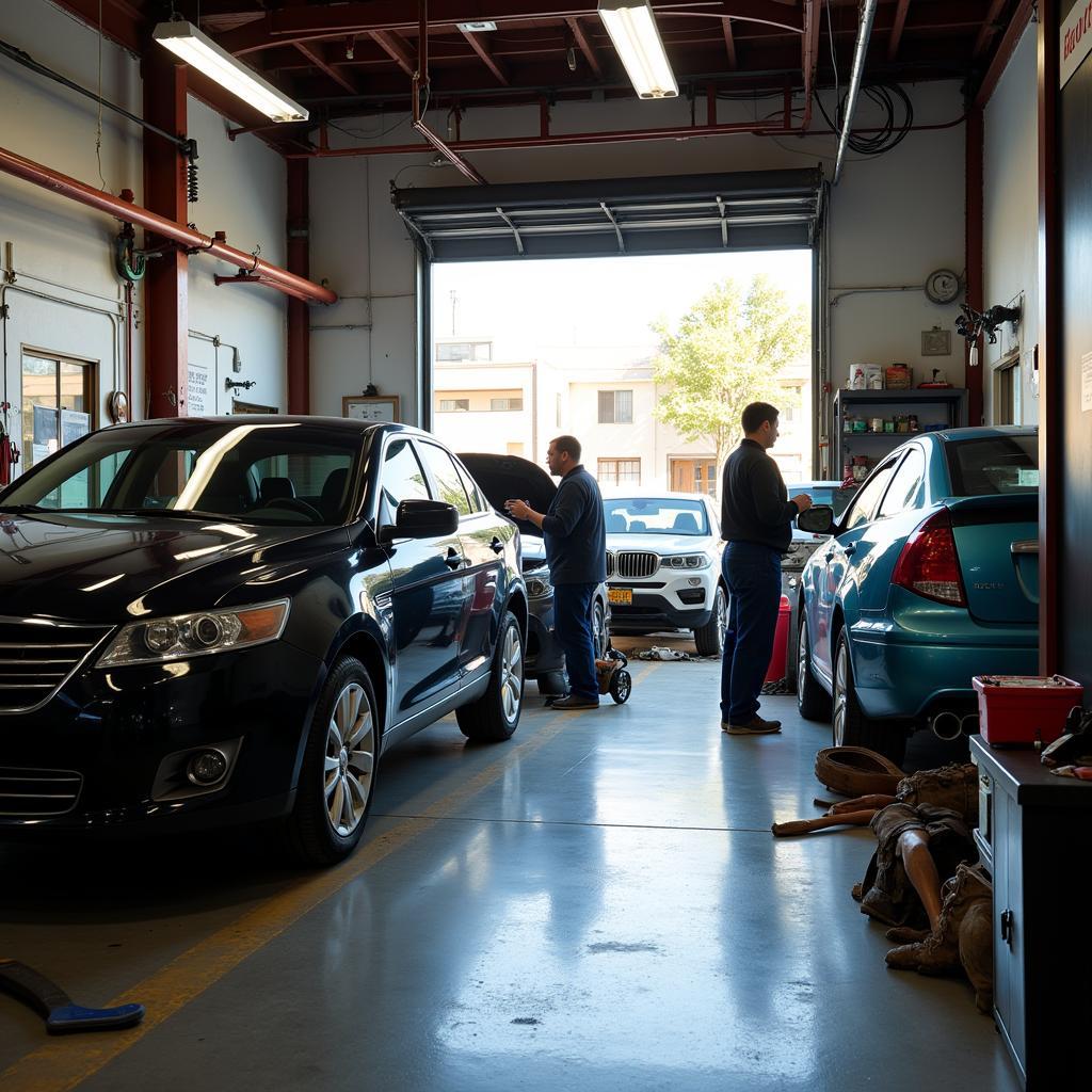 Car Repair and Maintenance in Pasadena: A bustling auto repair shop with mechanics working on various vehicles.