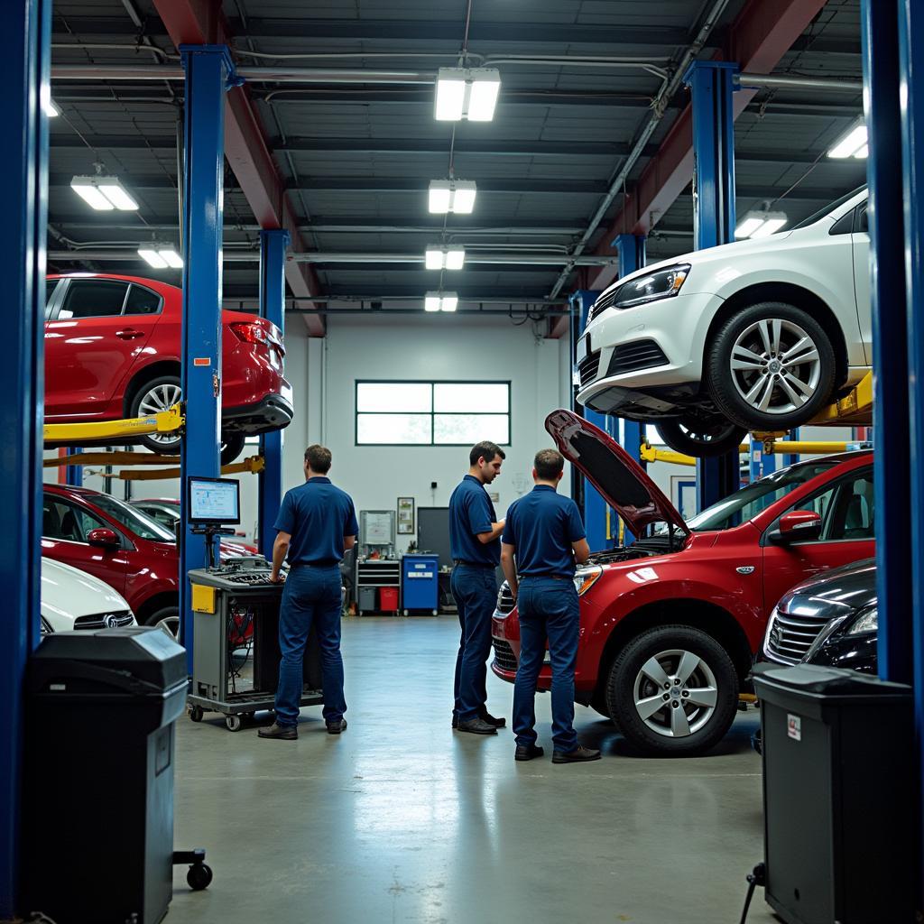 Car Repair Shop with Mechanics Working