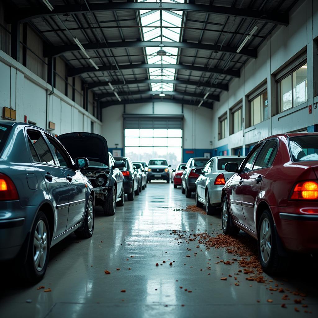 Long Line of Cars Waiting for Repair at a Busy Auto Shop