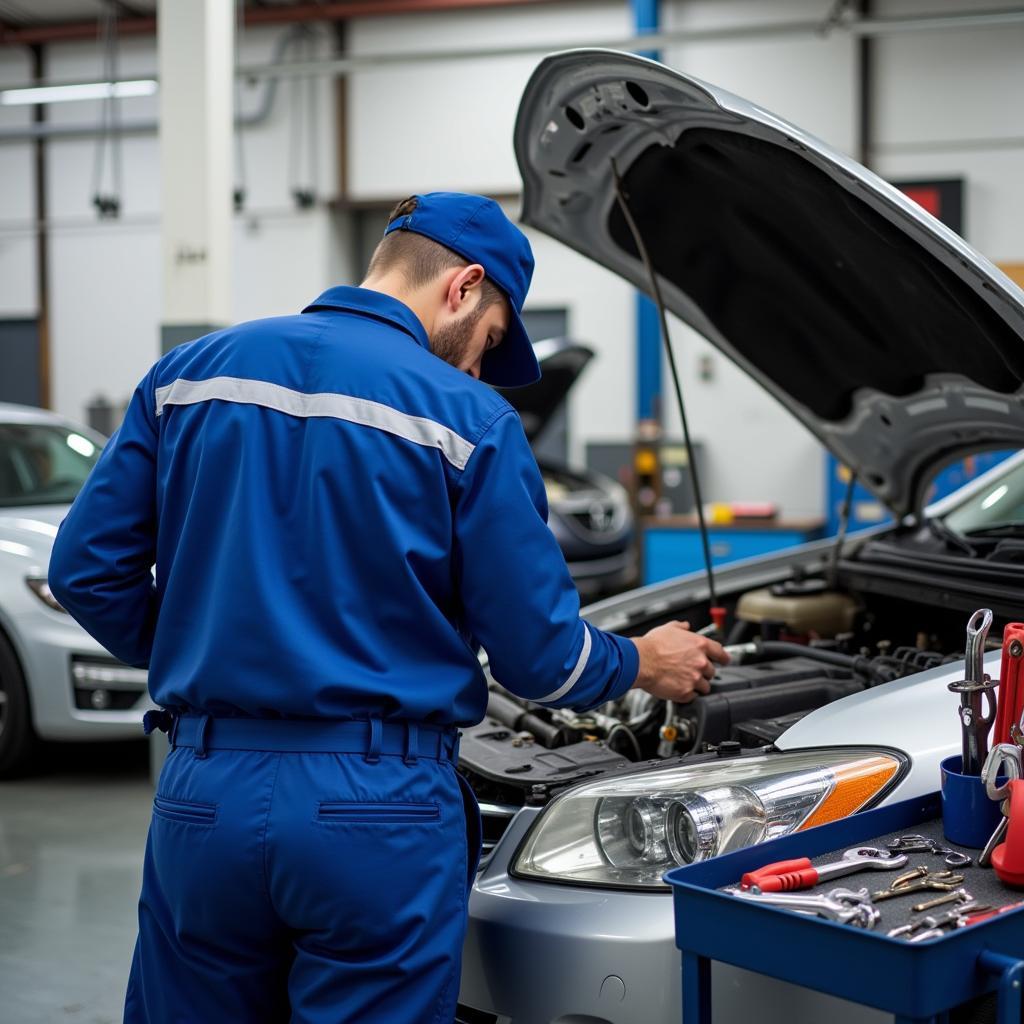 Mechanic Working on a Car in a Repair Shop