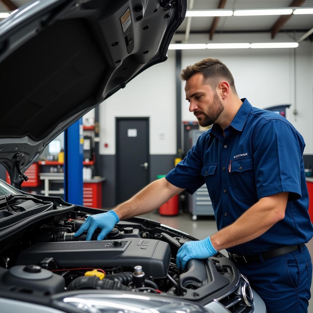 Car Repair Shop with Mechanic Working