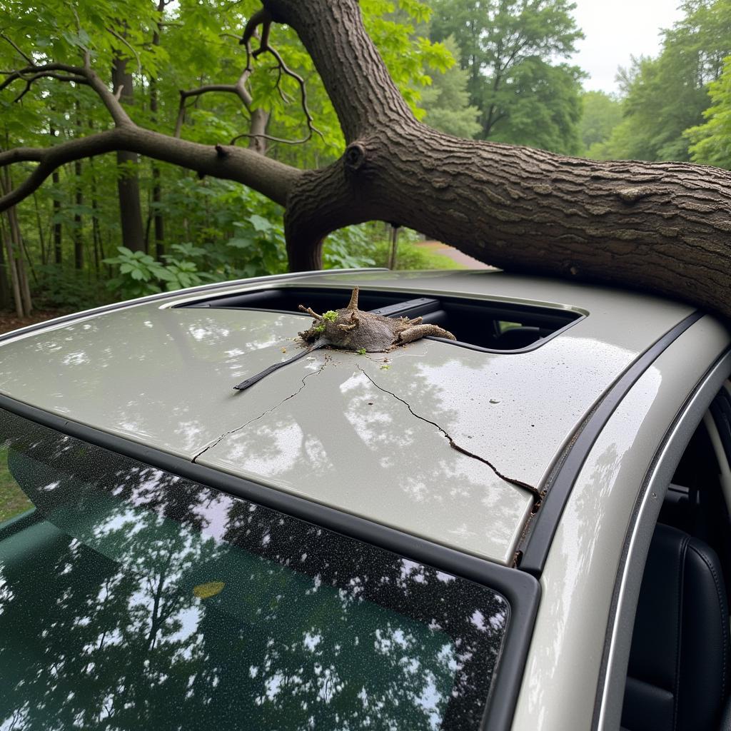 Car Roof with Major Damage from Tree Fall