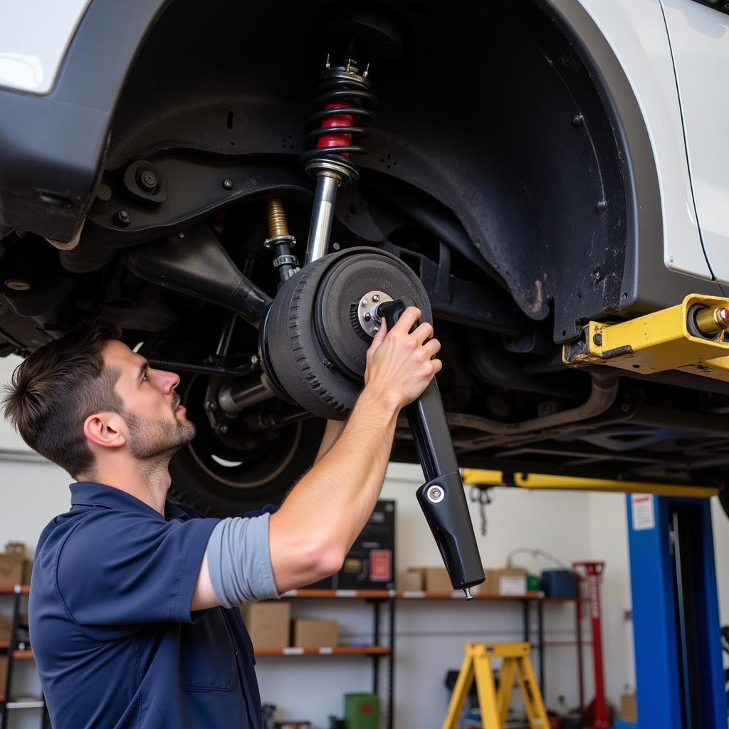 Checking a car's suspension in Fixa, Brazil, 2018