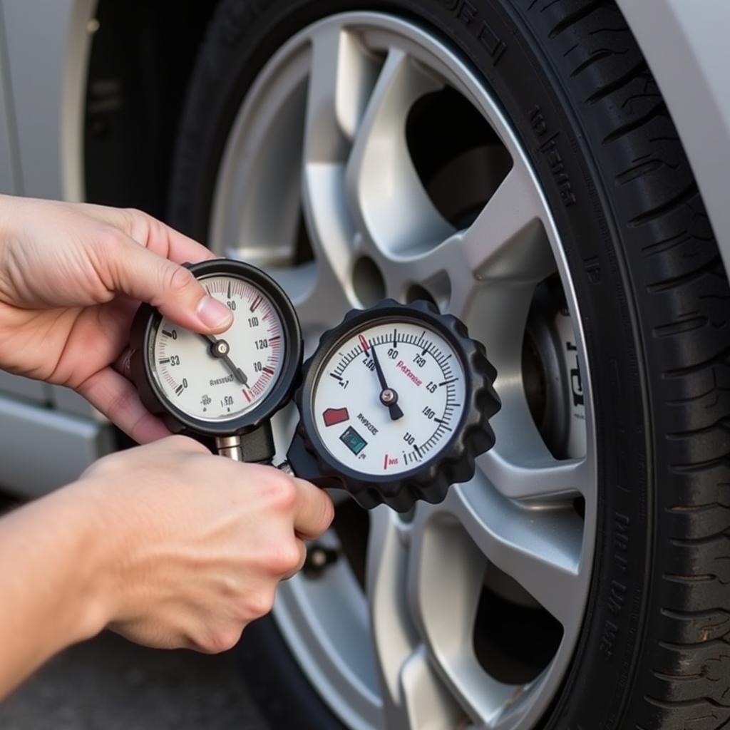 Checking Car Tire Pressure with Gauge