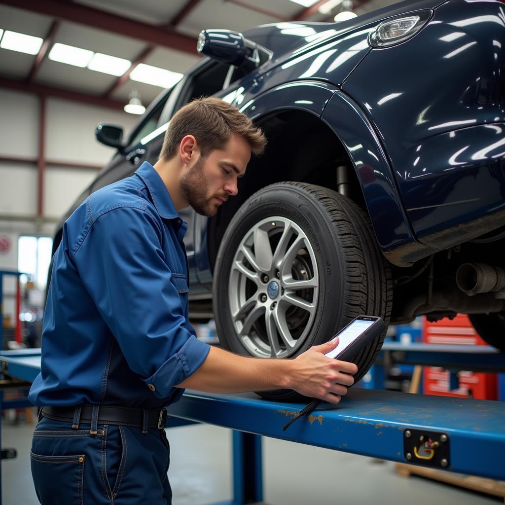 Mechanic Inspecting Car Transmission for Trade-In