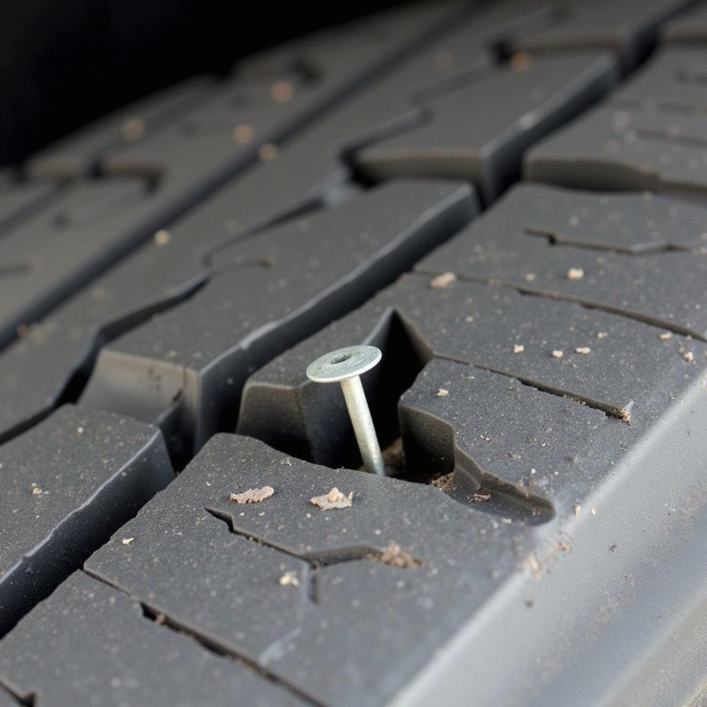 Car Tyre Puncture Damage: Close-up of a nail embedded in a car tyre, causing a puncture and air leak