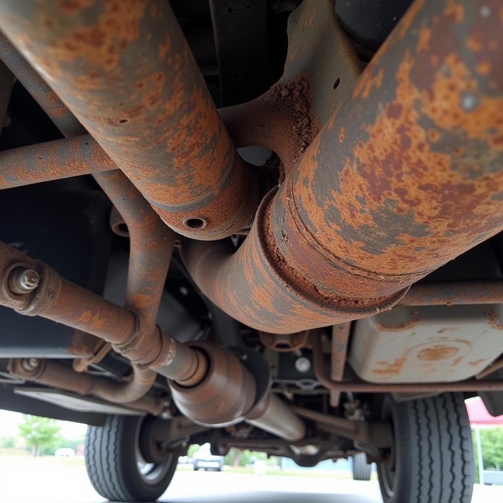 Car Undercarriage with Visible Rust Damage