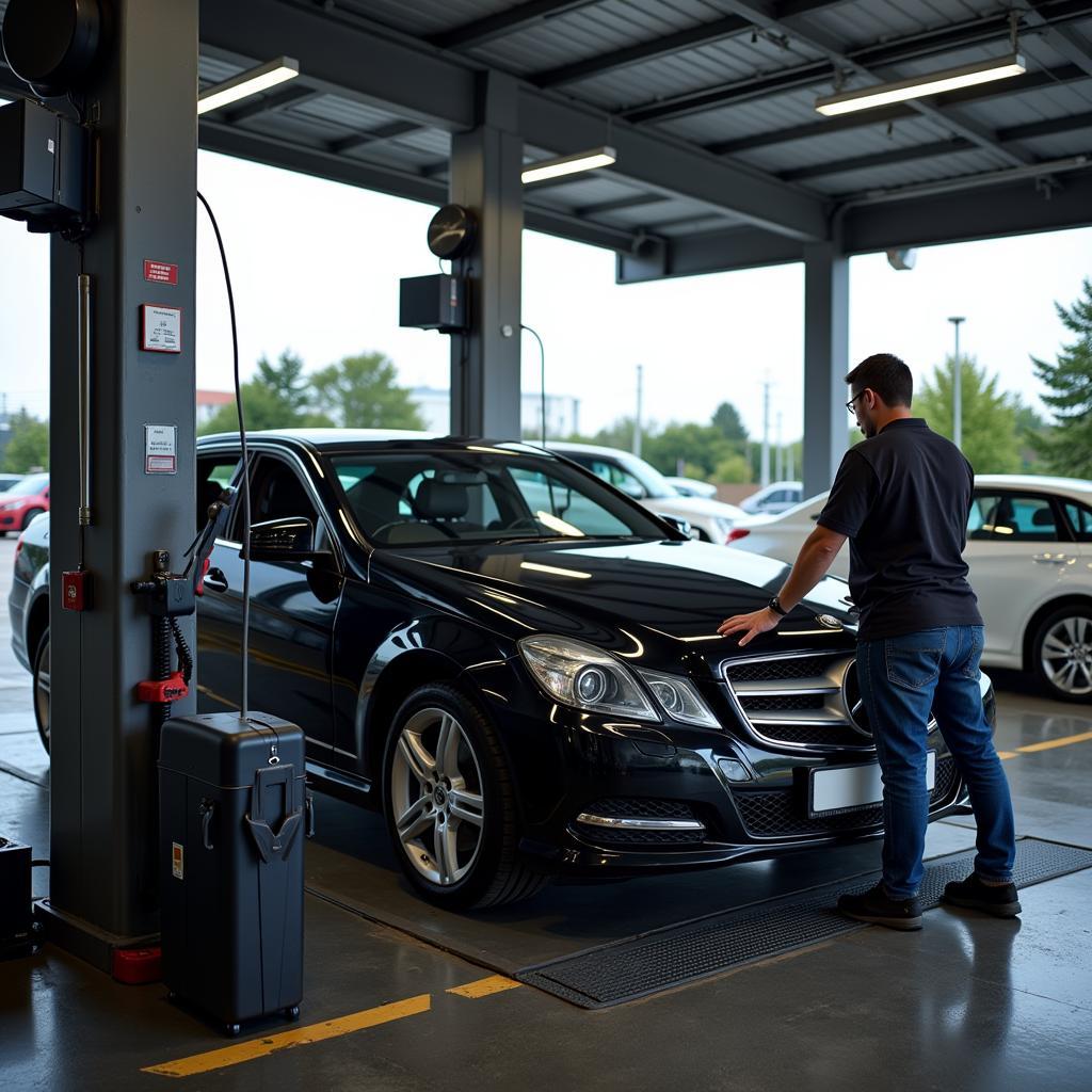 Car Undergoing Inspection at a Service Station