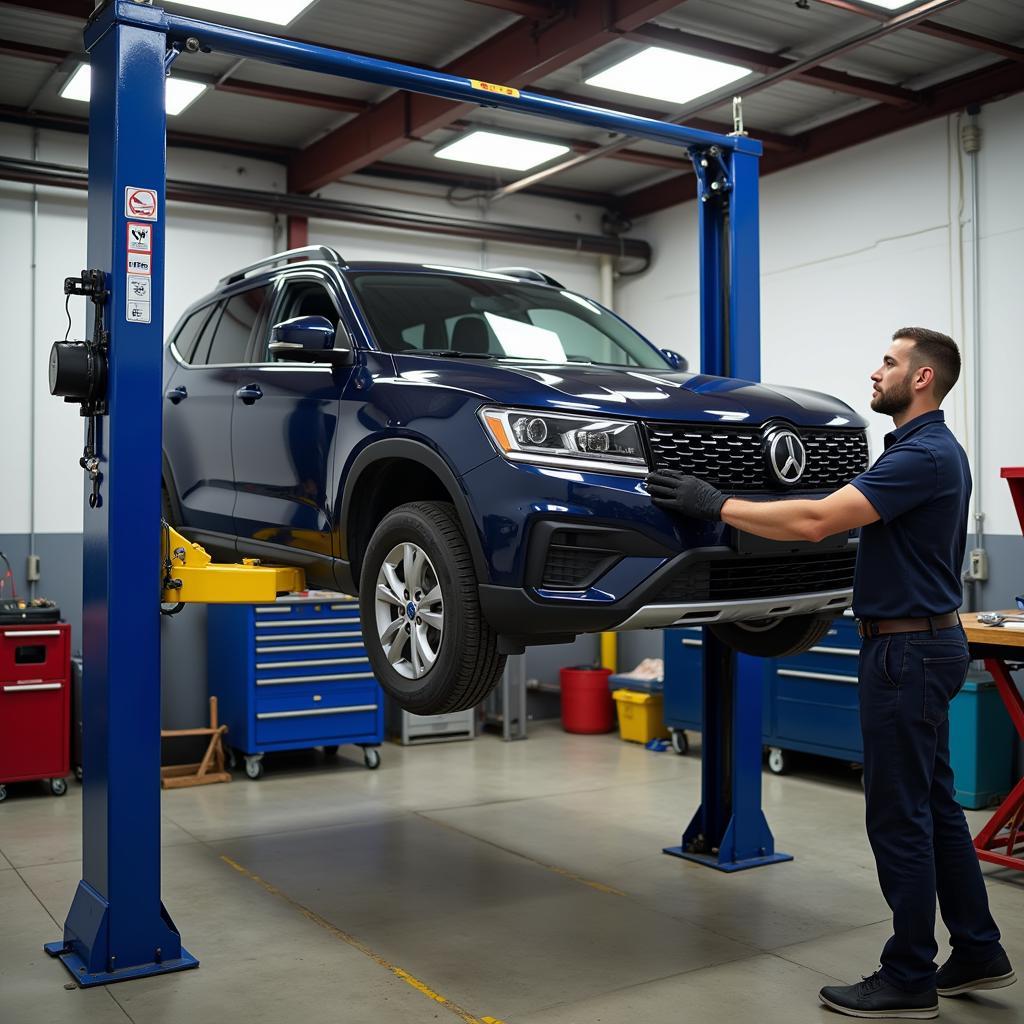 Car Undergoing Routine Maintenance in a Garage