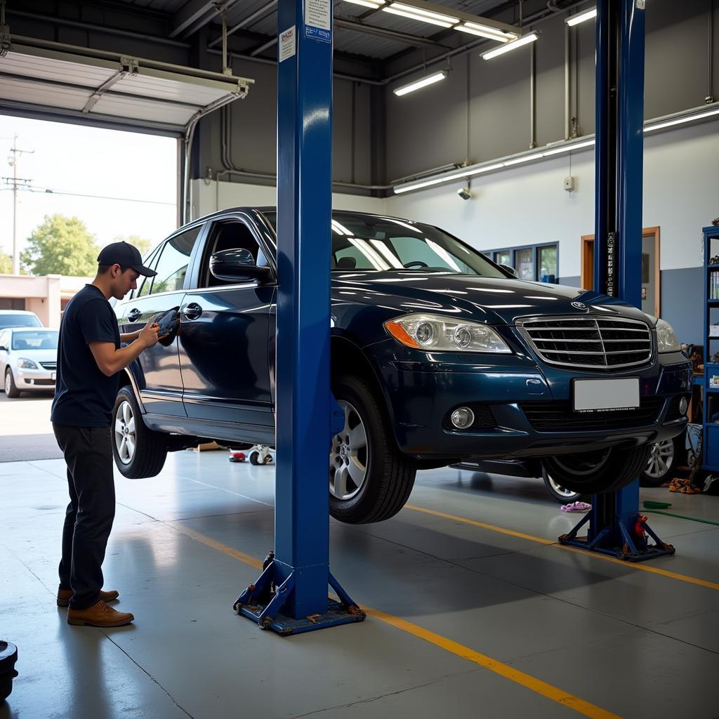 Car Undergoing Repair in a Garage