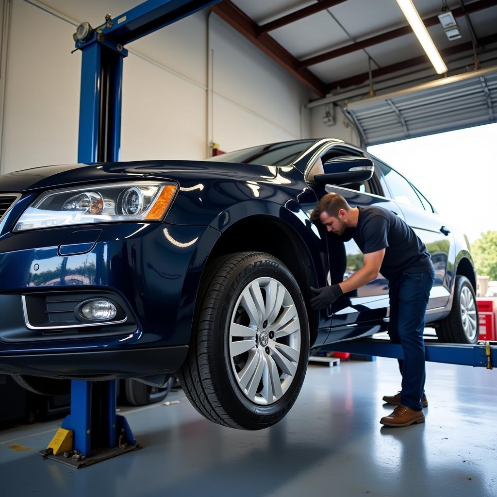 Car Undergoing Routine Maintenance in a Garage