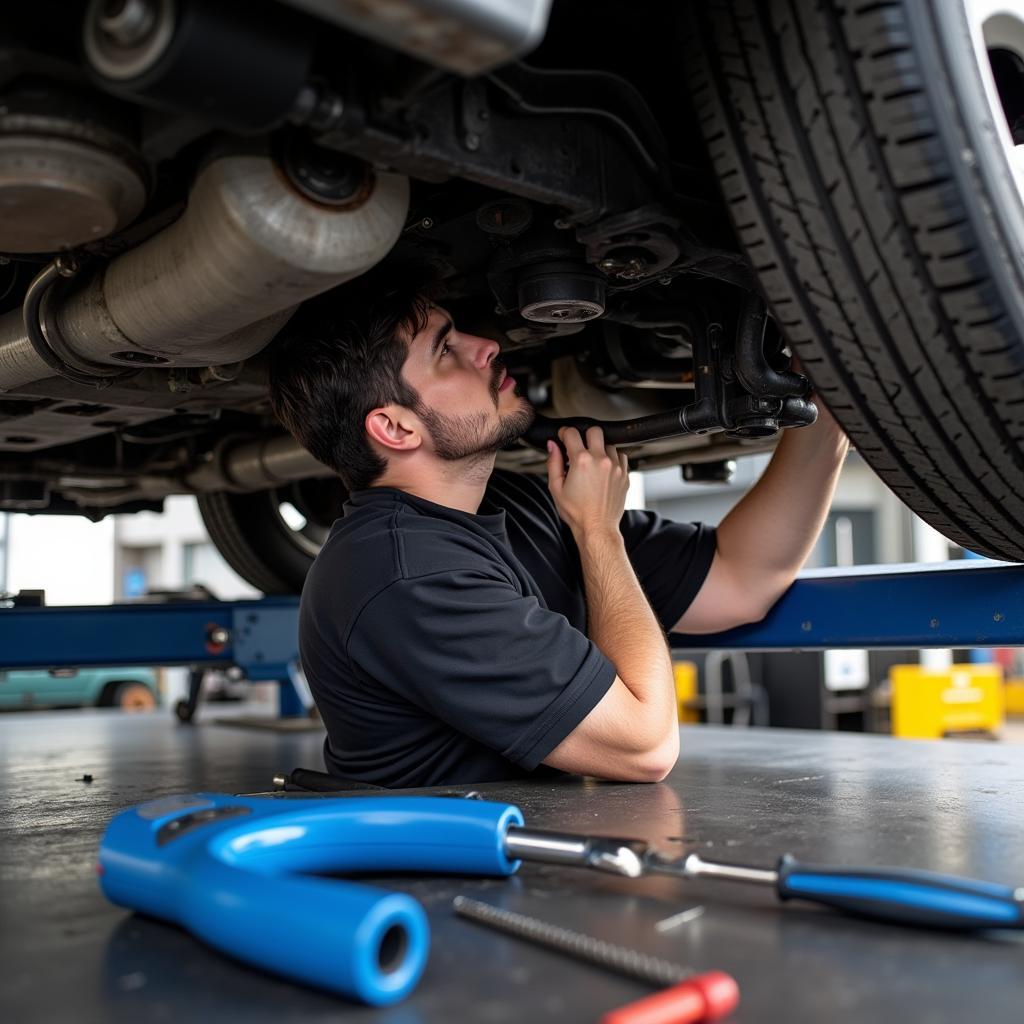 A car is on a lift in a garage, undergoing routine maintenance checks.