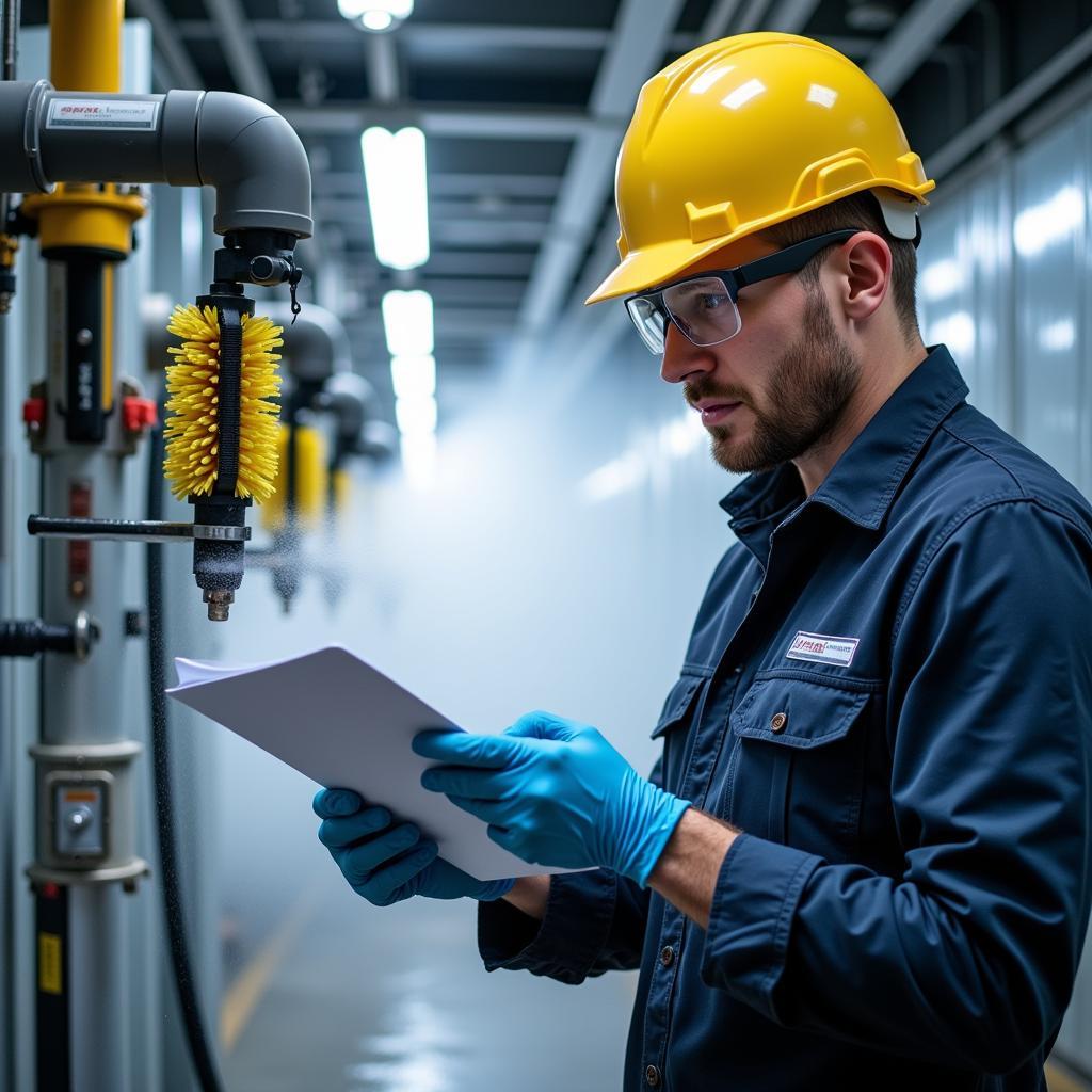 Car Wash Tunnel Maintenance Manager Inspecting Equipment