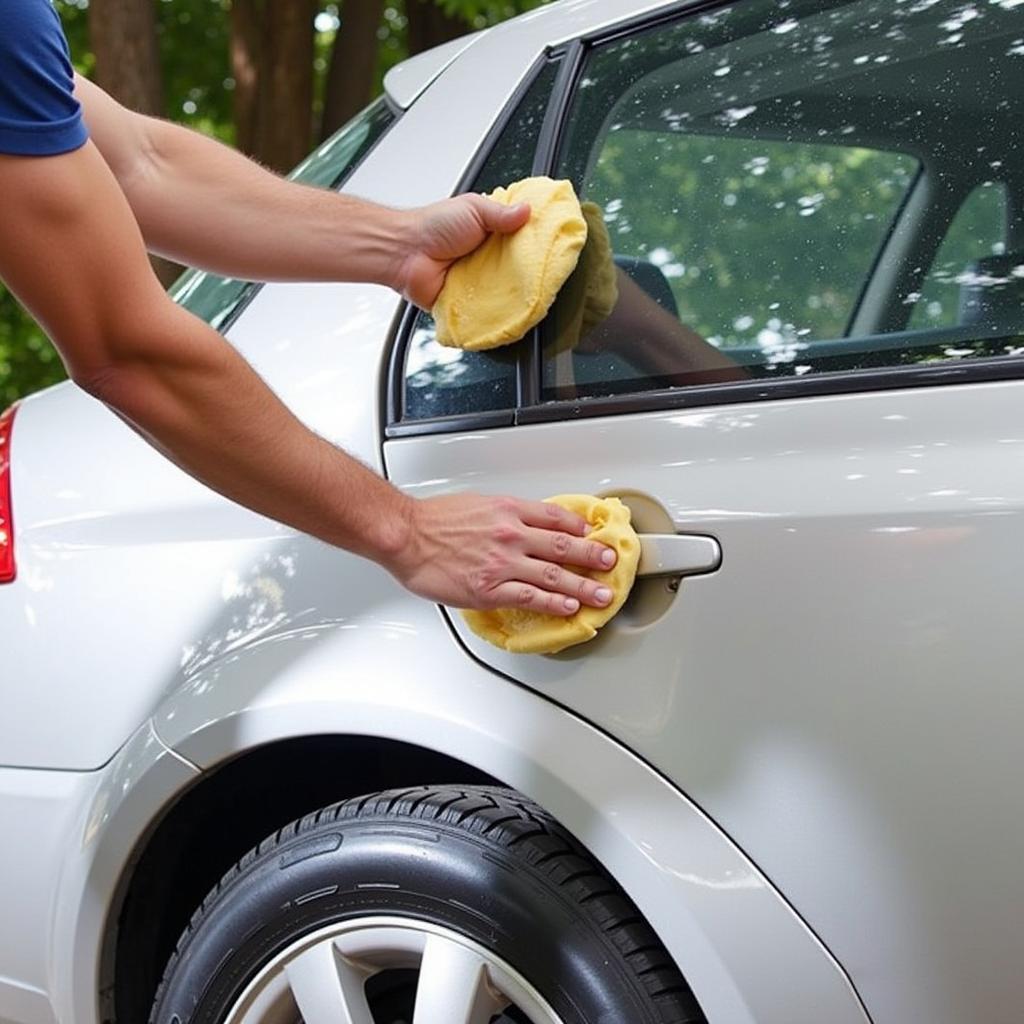 Applying Car Wax for Acid Rain Protection: A person applying wax to a car's paint to create a protective barrier against acid rain.