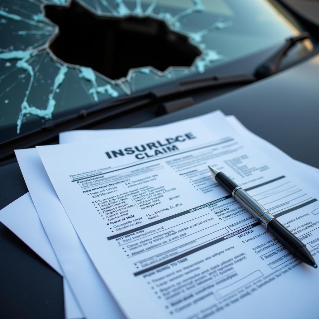 Car window damage and insurance claim paperwork