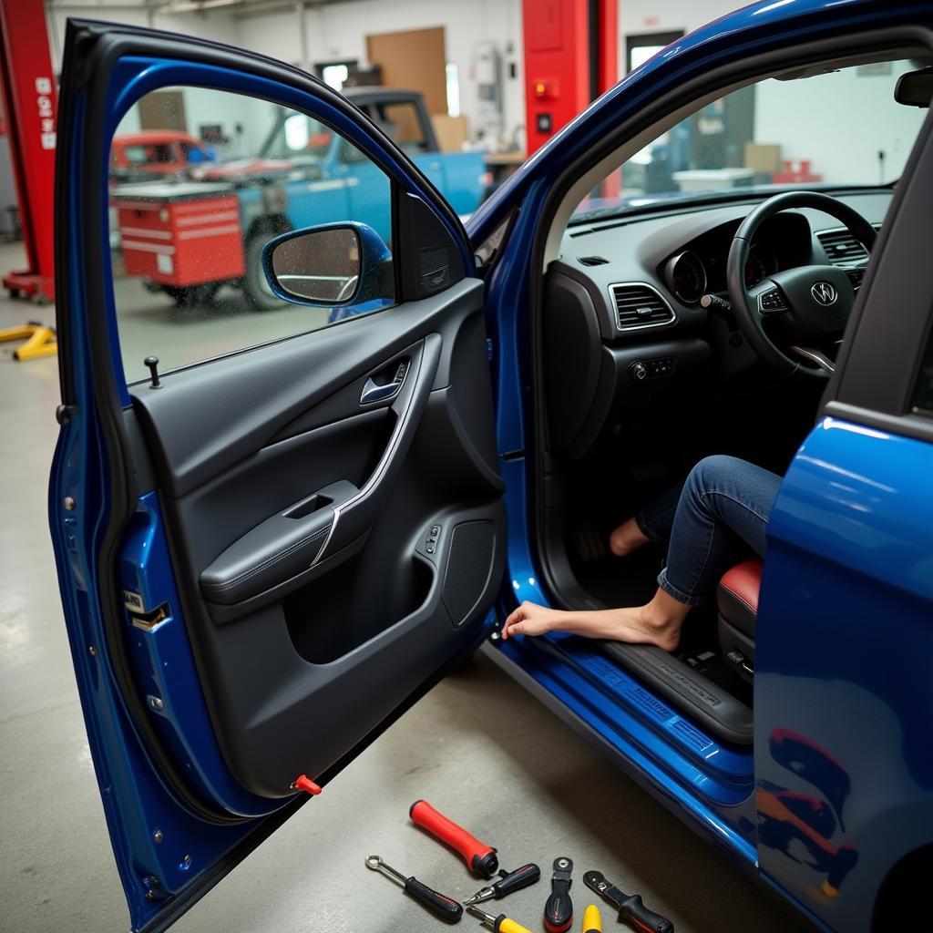 A professional mechanic repairing a car window