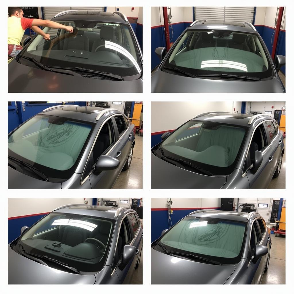 Professional car windshield replacement process at a repair shop