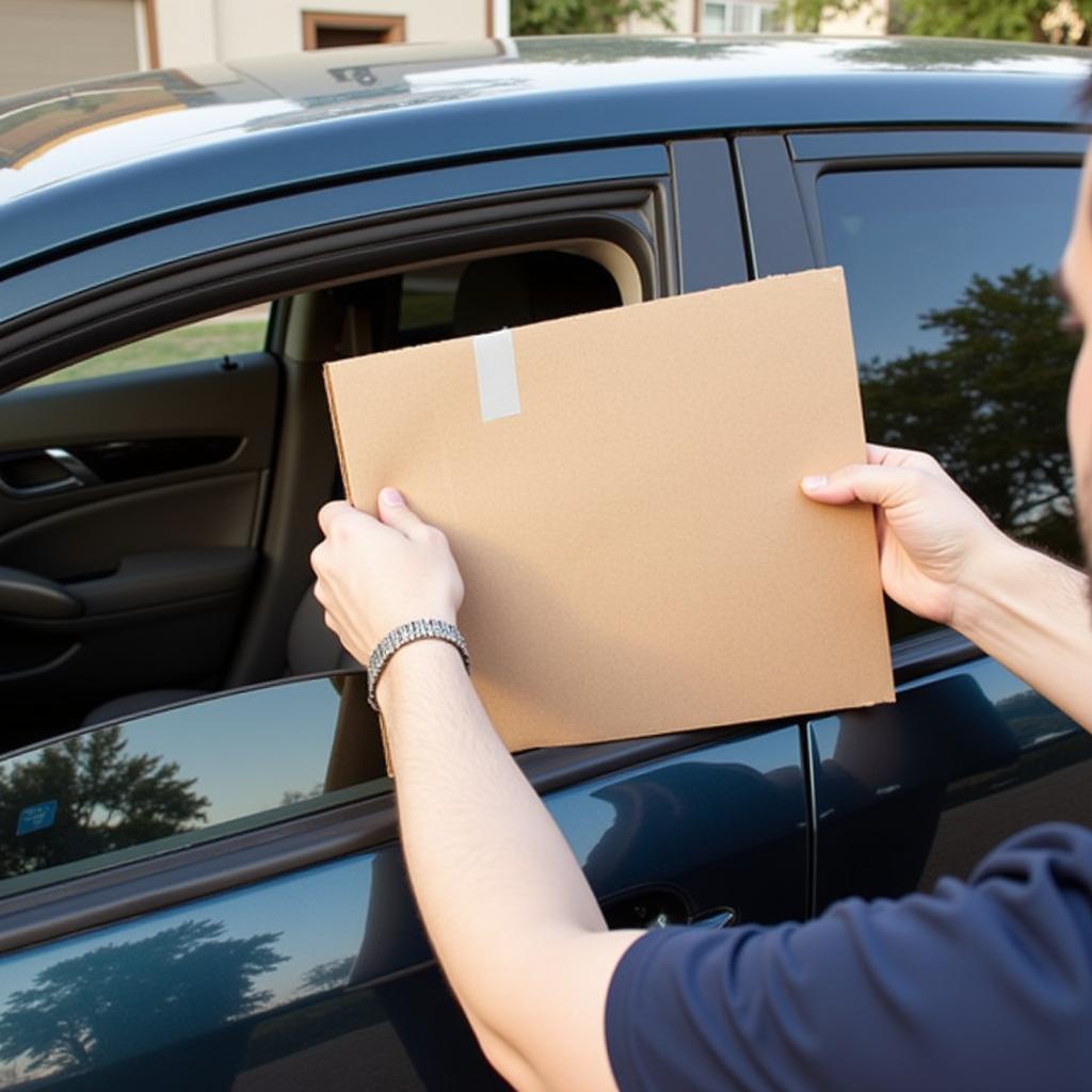 Applying cardboard to temporarily fix a broken car window