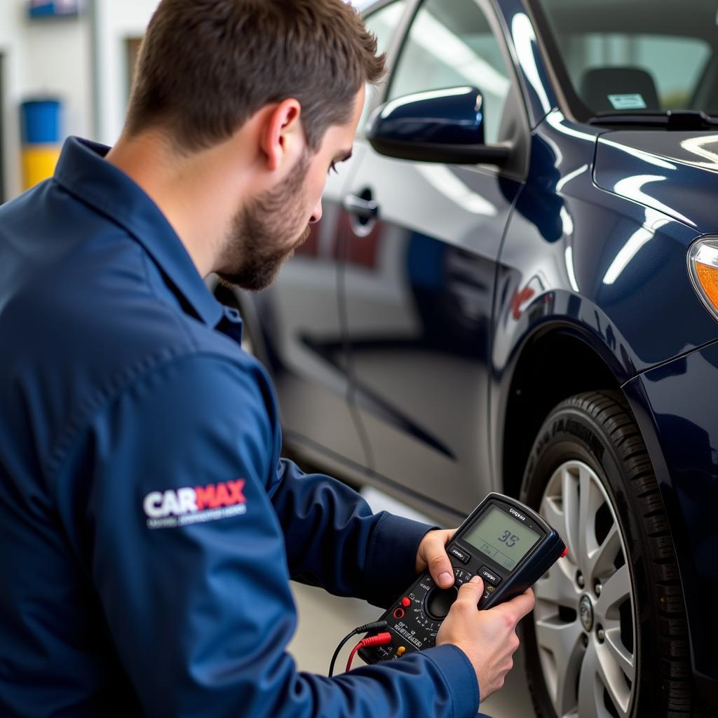 CarMax Electrical System Check - A technician using a multimeter to diagnose an electrical problem in a car at CarMax.