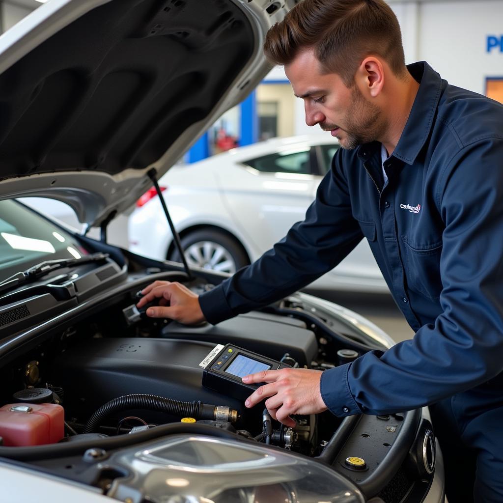 CarMax Engine Inspection - A mechanic inspecting the engine of a used car at CarMax.