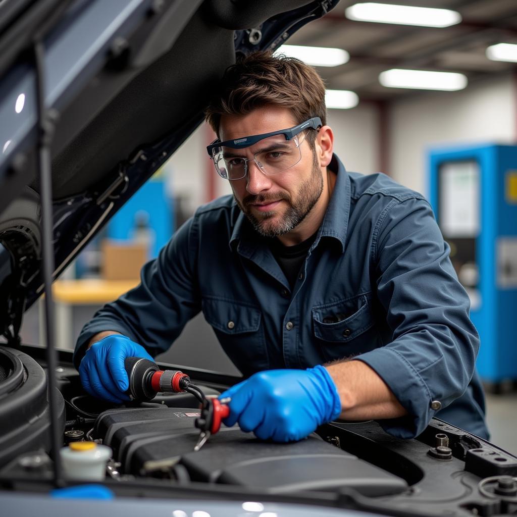 Certified Car AC Technician Performing Repairs