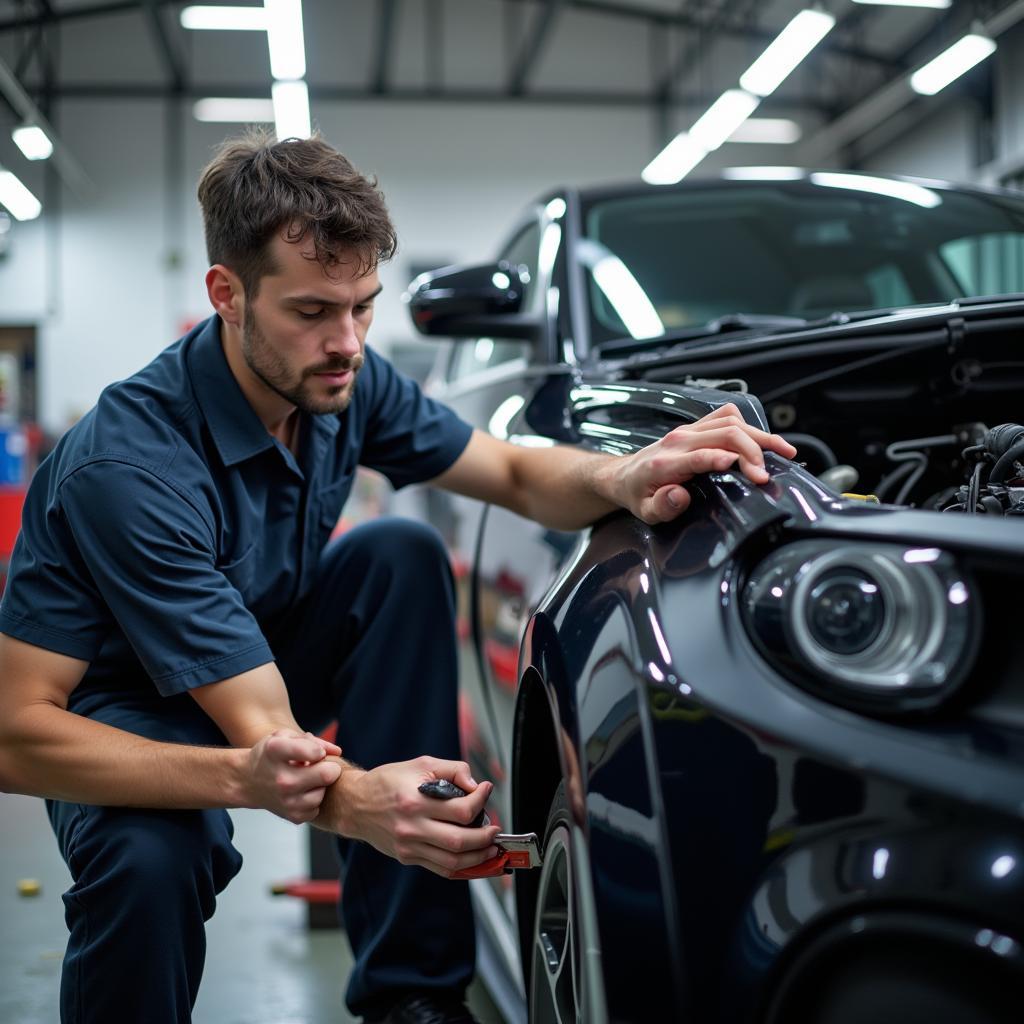 Certified Car Mechanic Working in a Garage