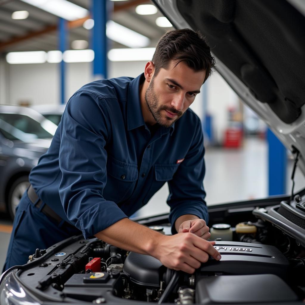 Certified Car Mechanic Working on Engine