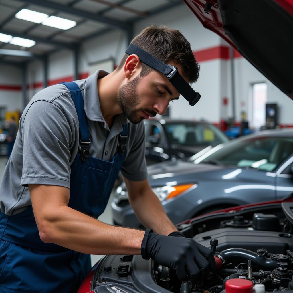 Certified Car Mechanic Working on Engine