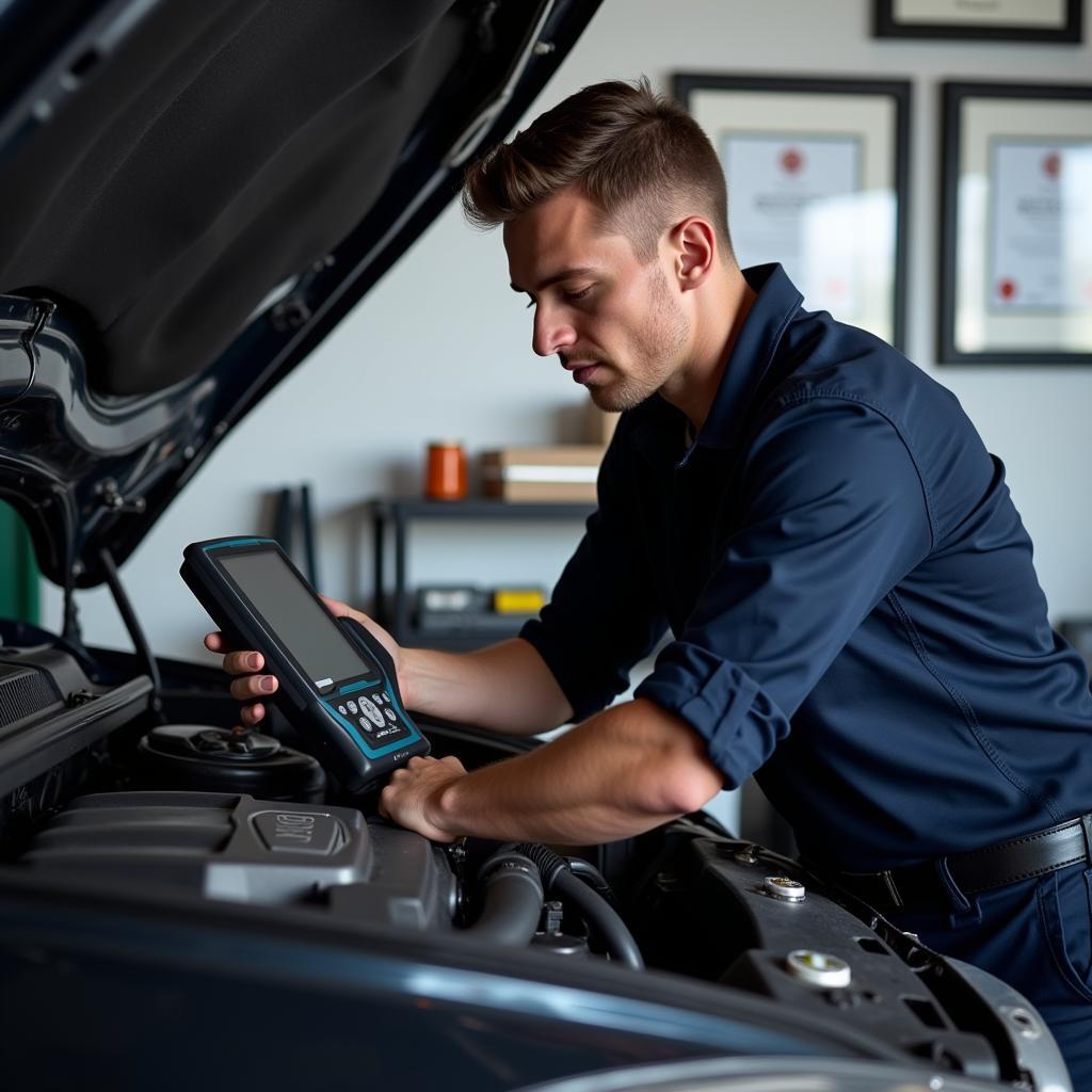 Certified Mechanic near Hertz Nashville: Image of a certified mechanic working on a car, with certificates displayed on the wall in the background.