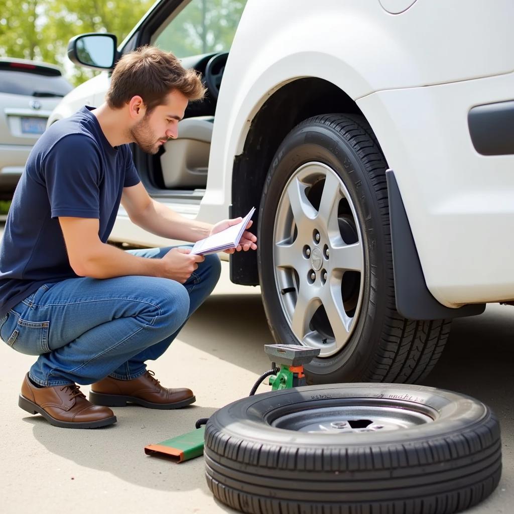 Changing a car tire using a jack and following instructions