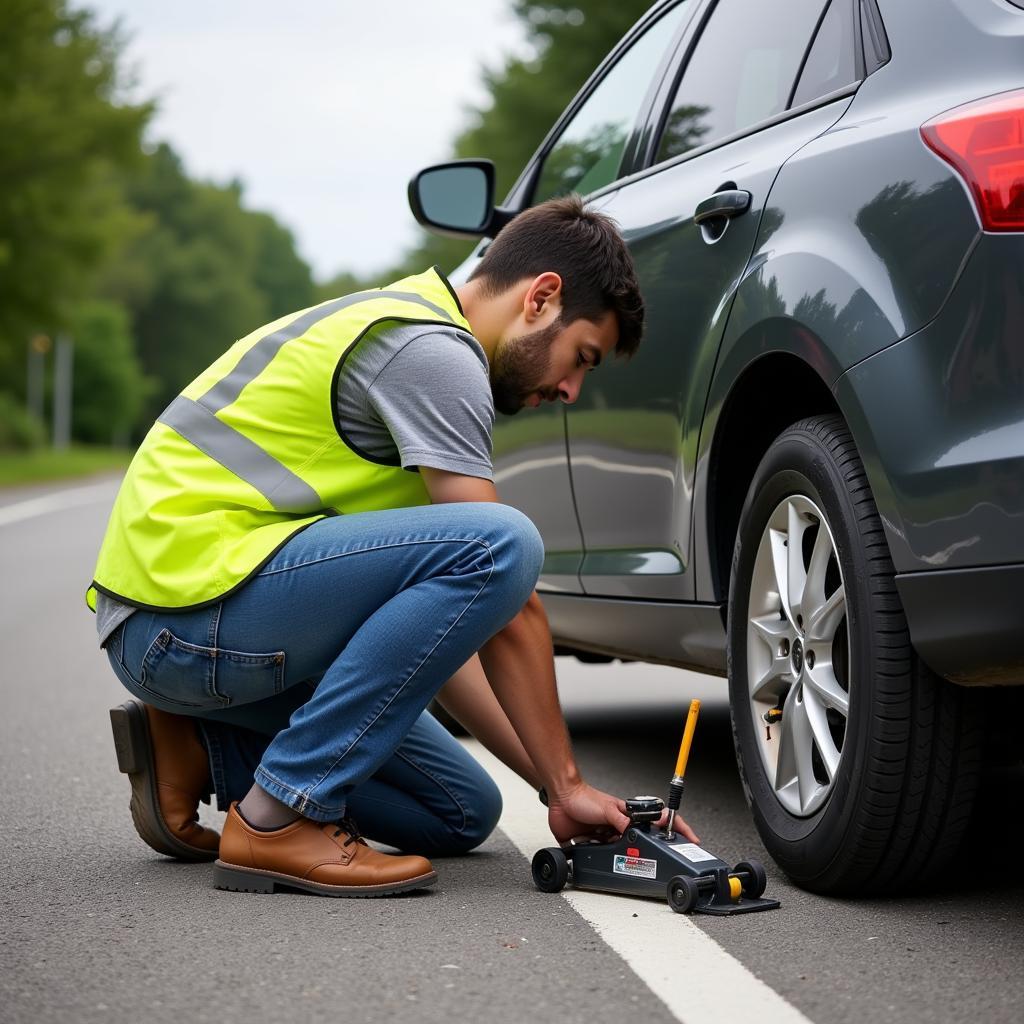 Changing a Flat Tire with Roadside Assistance Tools