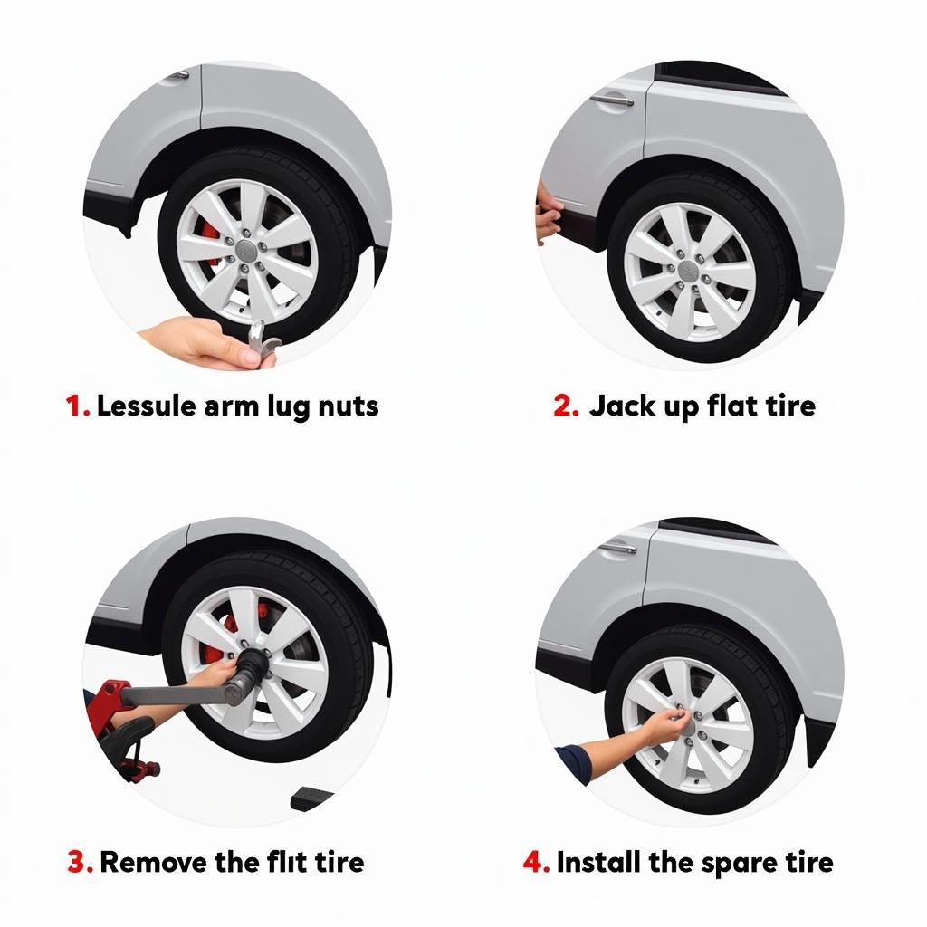 Changing a flat tire on the side of the road.