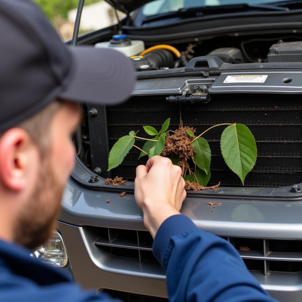 Mechanic Checking Car AC Condenser for Debris