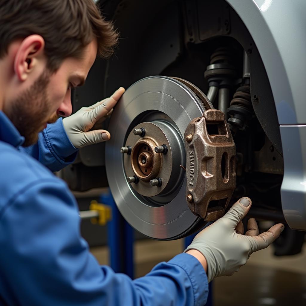 Inspecting the brake system of a flood-damaged car