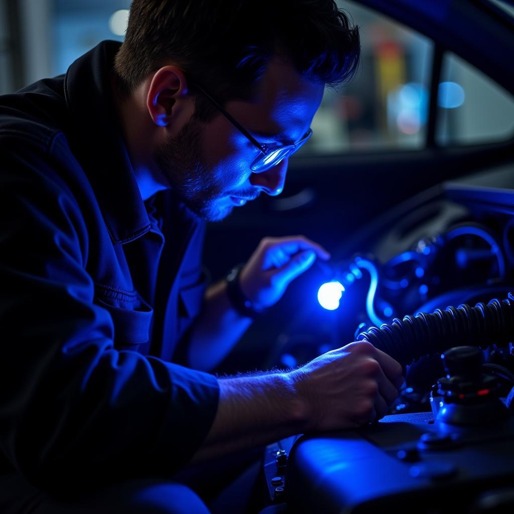 Mechanic checking car AC leak with UV light