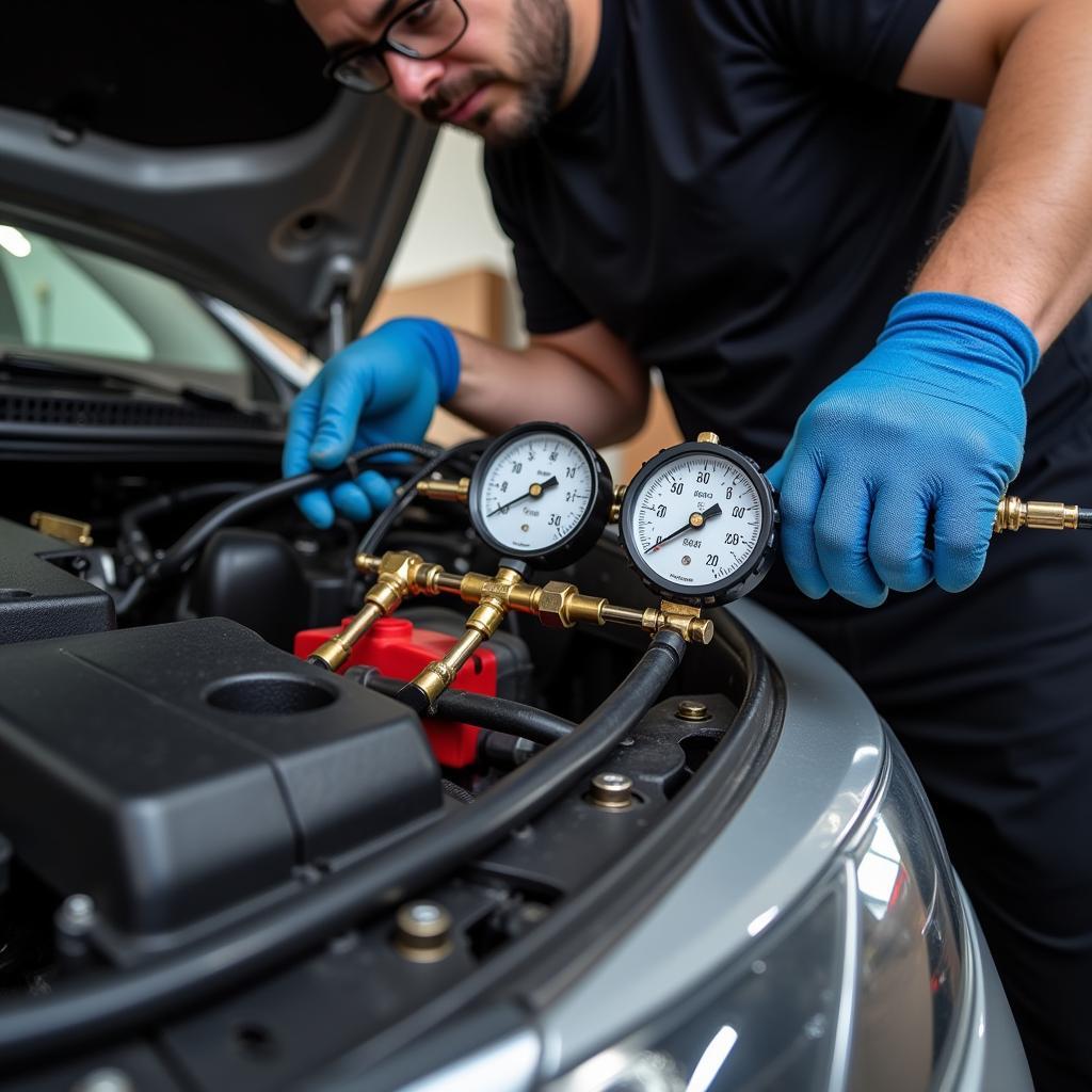 Checking car AC pressure with manifold gauges