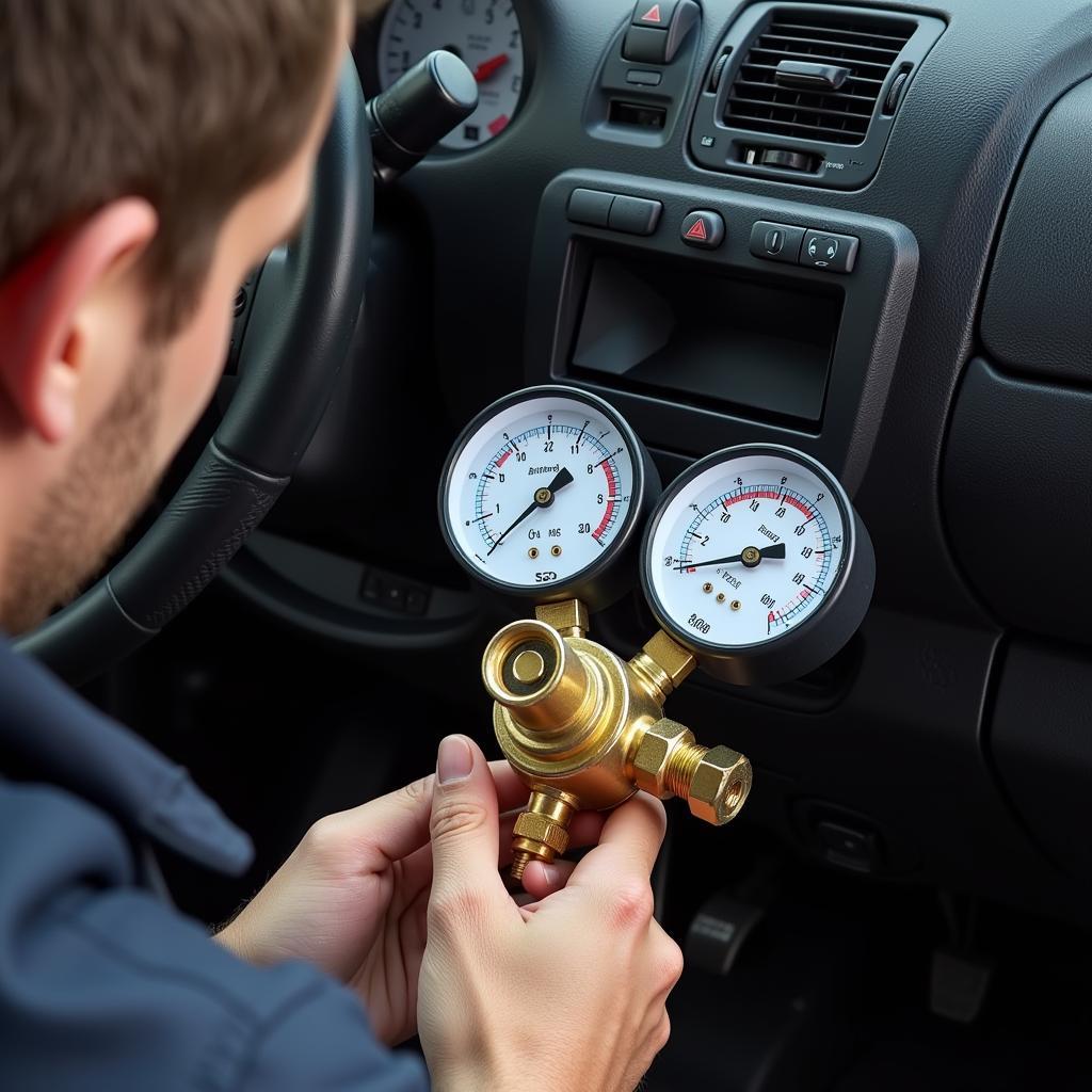 Mechanic Checking Car AC Refrigerant Level