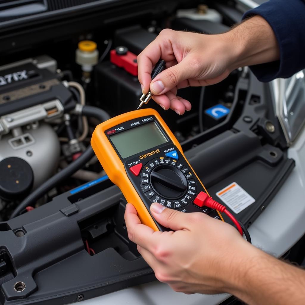 Mechanic Checking Car Alarm Fuse with Multimeter