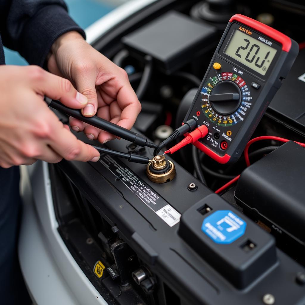 Mechanic Checking Car Battery Voltage