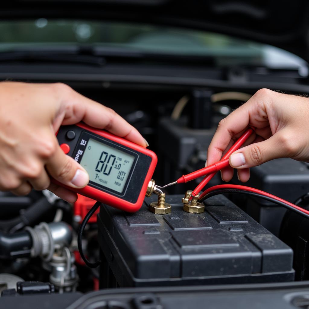 Technician Checking Car Battery with Multimeter