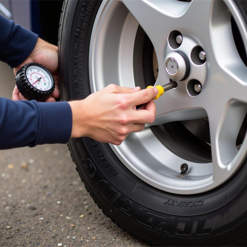 Checking Car Tyre Pressure: A person using a pressure gauge to check the air pressure in a car tyre.