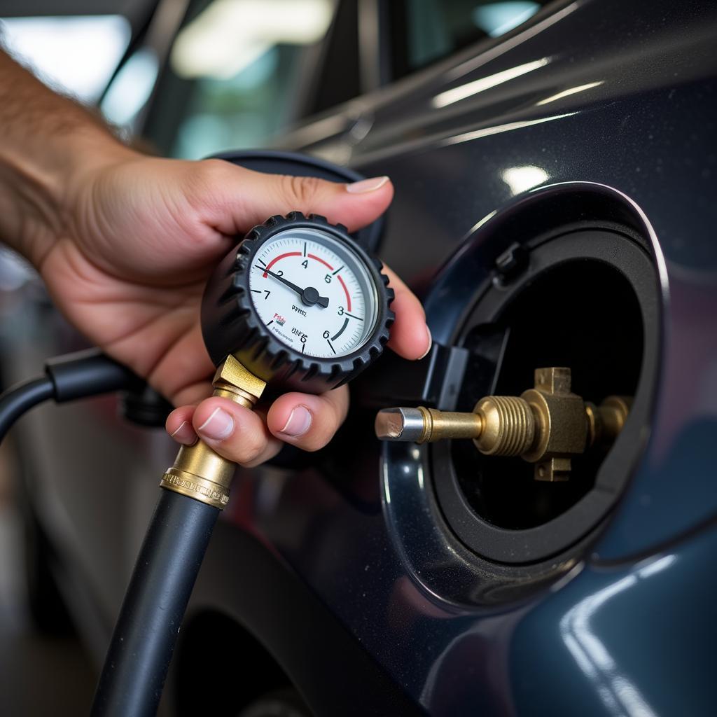 Mechanic Checking Fuel Pressure with Gauge