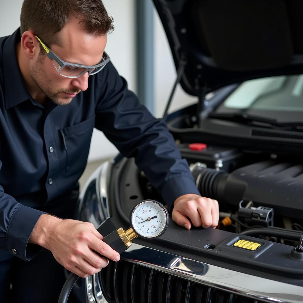 Mechanic Checking Refrigerant Levels in Car AC