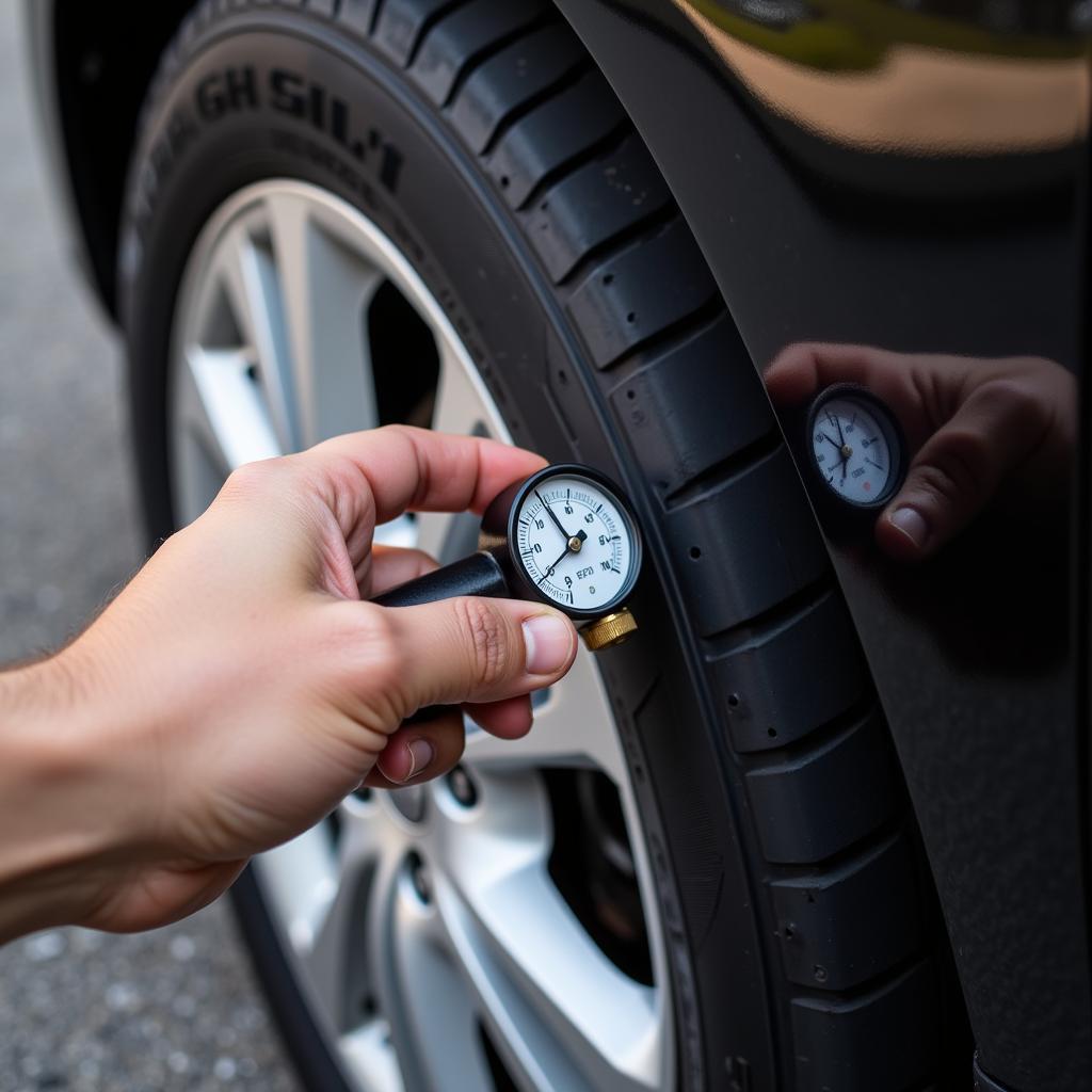 Checking tire pressure with a gauge