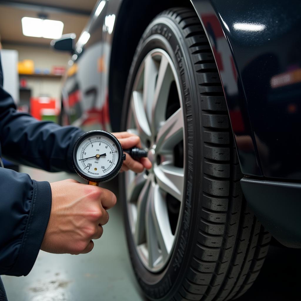 A person checking tire pressure in a Calabasas garage.