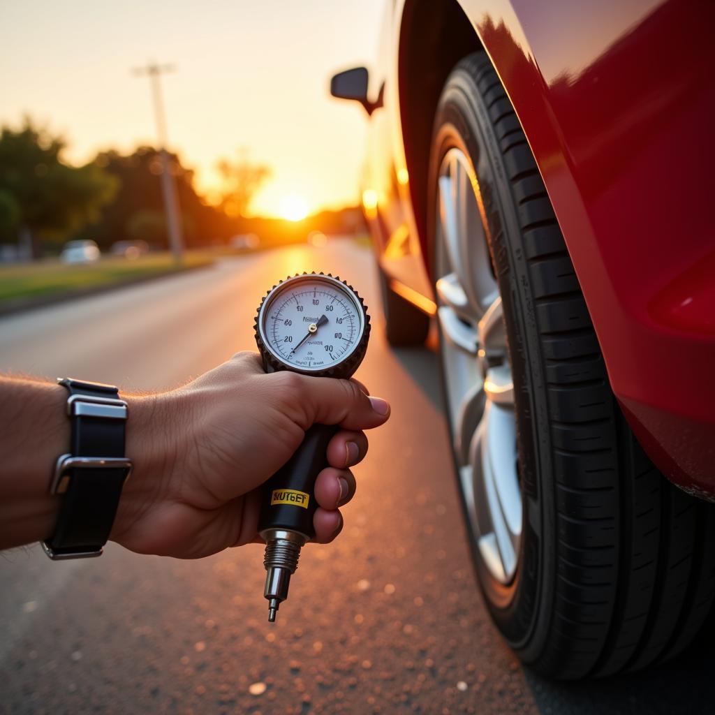 Checking tire pressure on a hot day