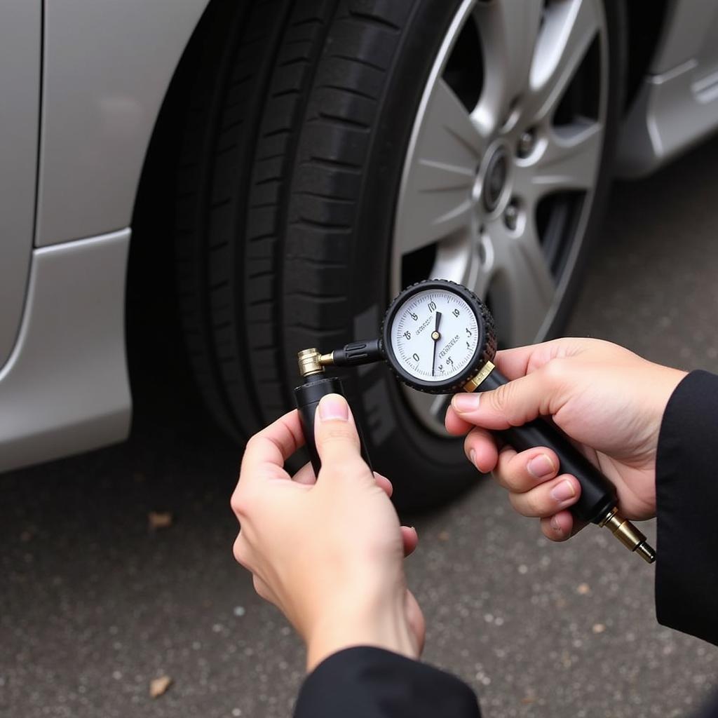 Checking tire pressure with a gauge