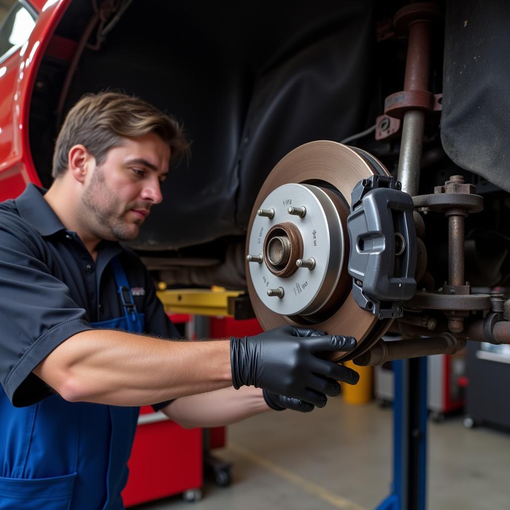 Inspecting the brakes of a classic car